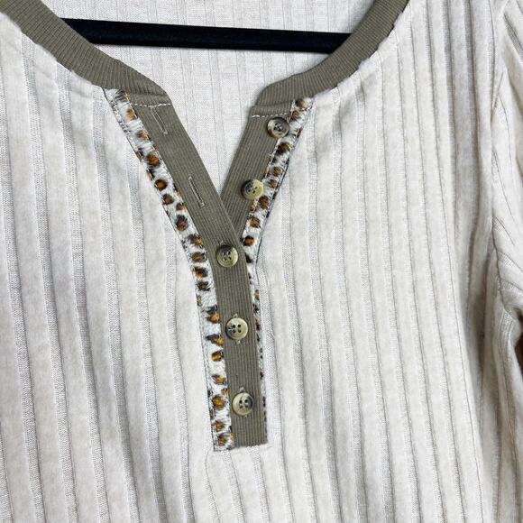 New Hem & Thread Large L Cream Cozy Ribbed Long Sleeve Henley Leopard Print Trim - Picture 6 of 10